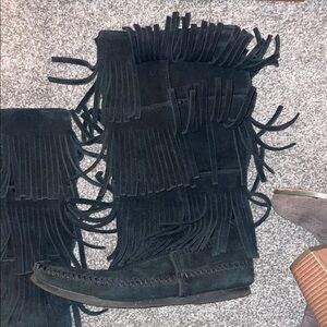 Vintage Minnetonka Black Suede Moccasins with Fringe